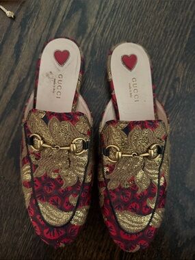 Gucci Red and Gold Brocade Horsebit Mules